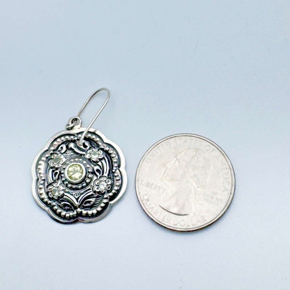 Sterling Silver 925 Peridot Flower Dangle Earrings Artisan August Oxidized 6g - Picture 9 of 10